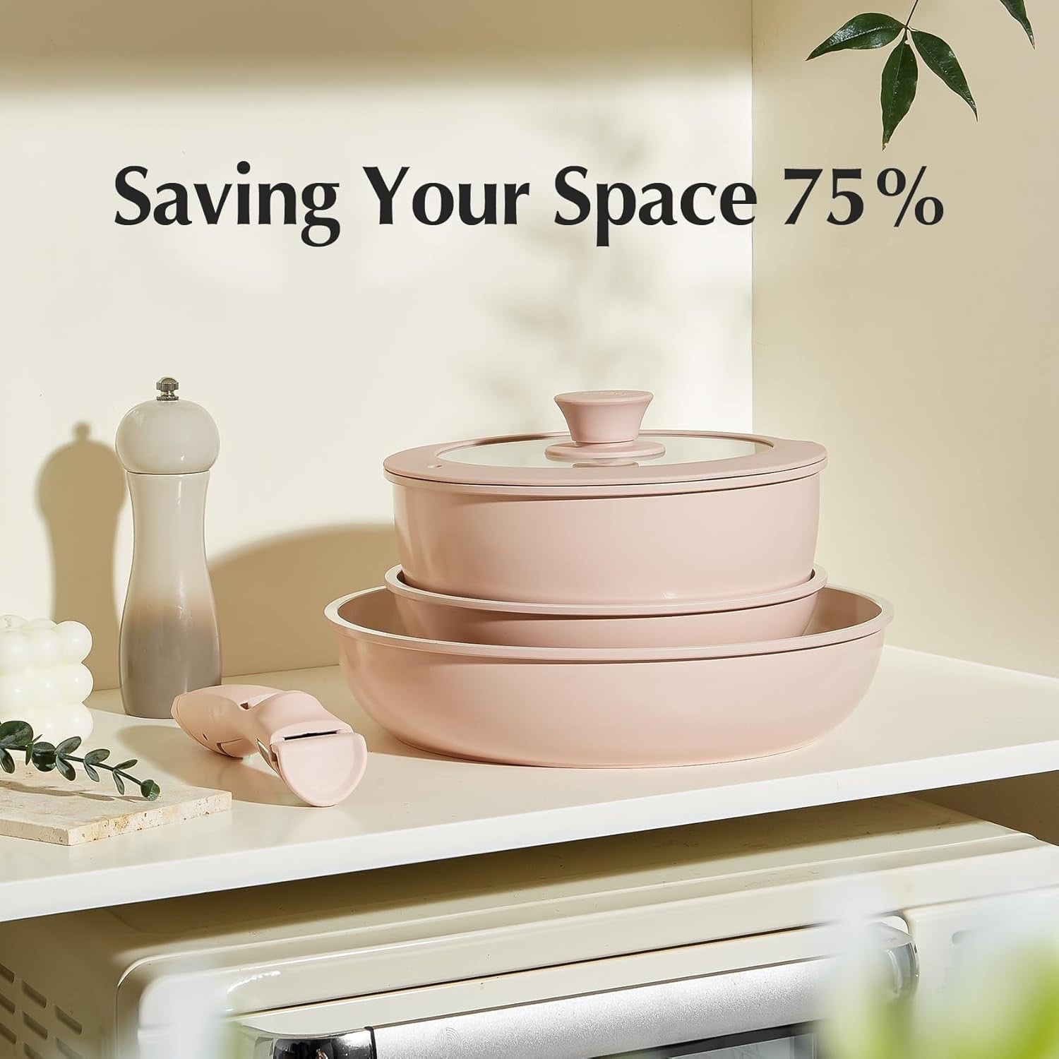 5pcs Pink Ceramic Cookware Set Non Stick Detachable Handle Induction Safe