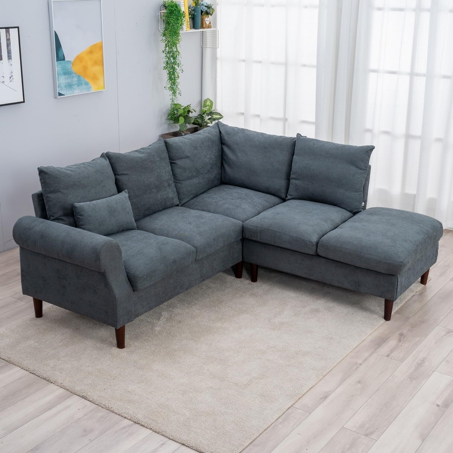 5 Seater Corner Sofa w/ Chaise & USB Port – Grey Linen, 200x195cm, Modern