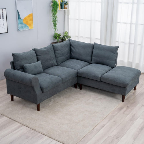 5 Seater Corner Sofa w/ Chaise & USB Port – Grey Linen, 200x195cm, Modern
