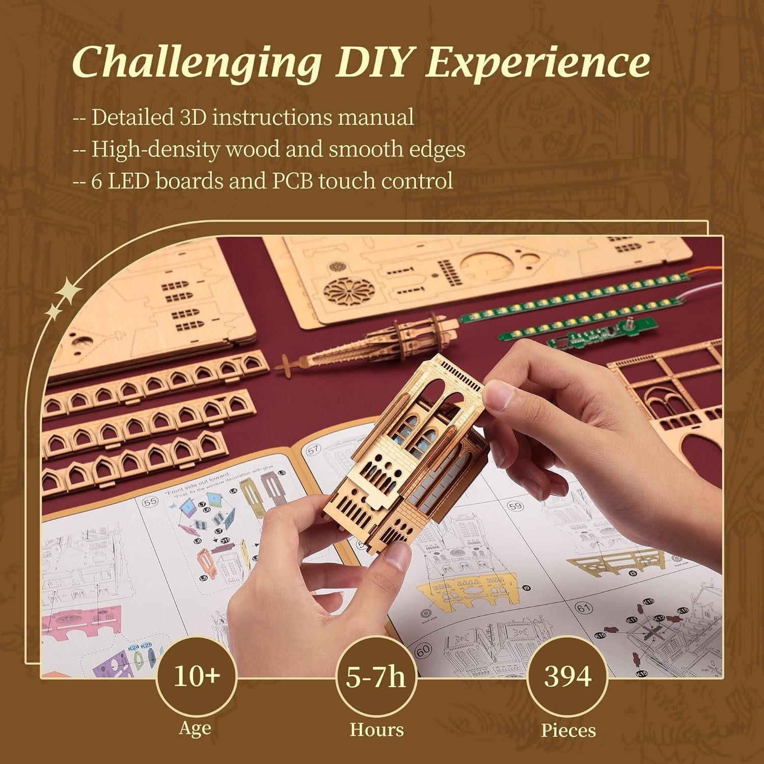 3D Wooden Cathedral Puzzle with LED – DIY Gothic Model Kit for Adults