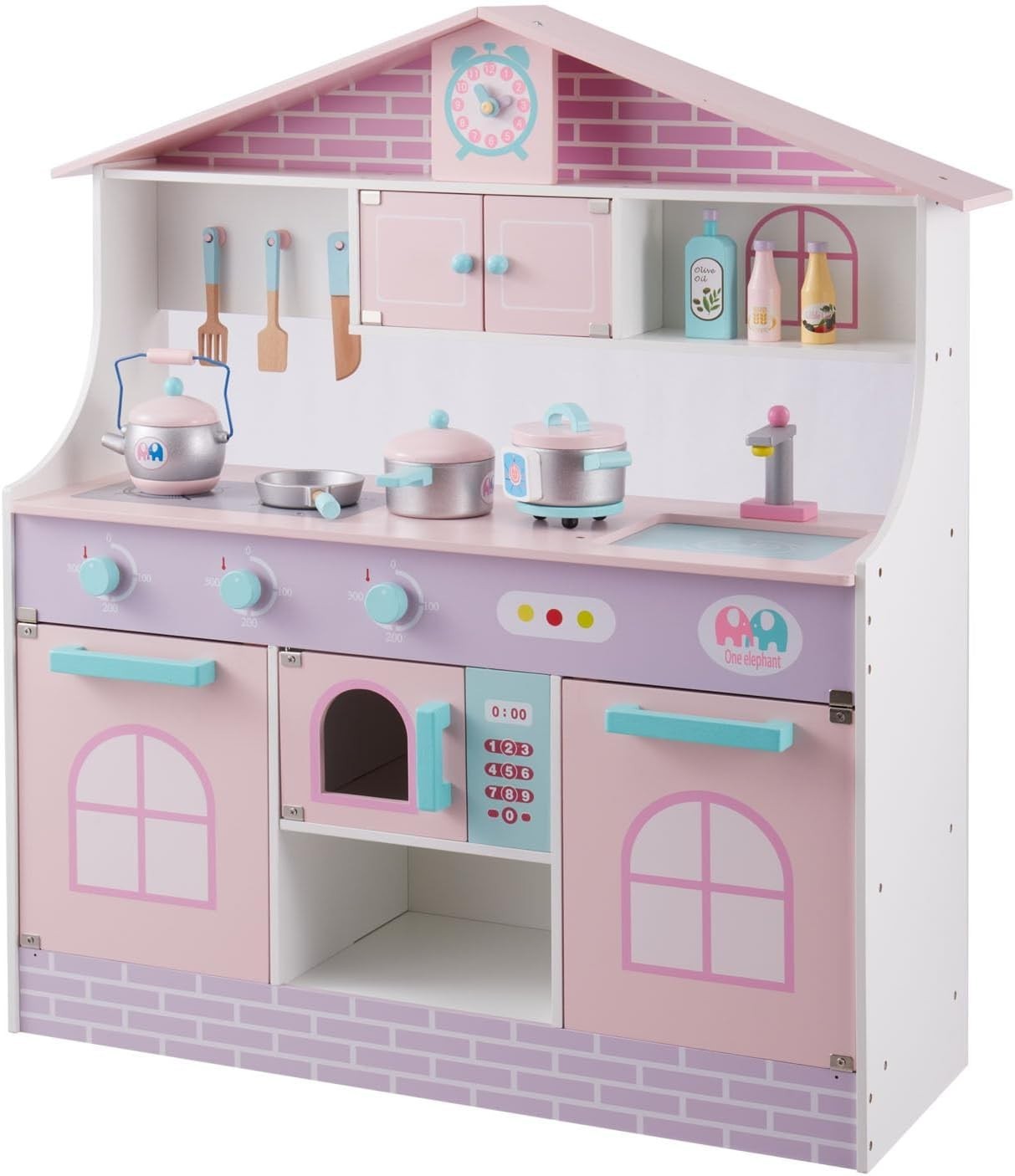 Large Wooden Kids Play Kitchen Pink Purple w/ Microwave Accessories