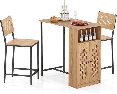 3 Piece Bar Table Set with Storage Cabinet 2 Chairs Compact Kitchen Dining