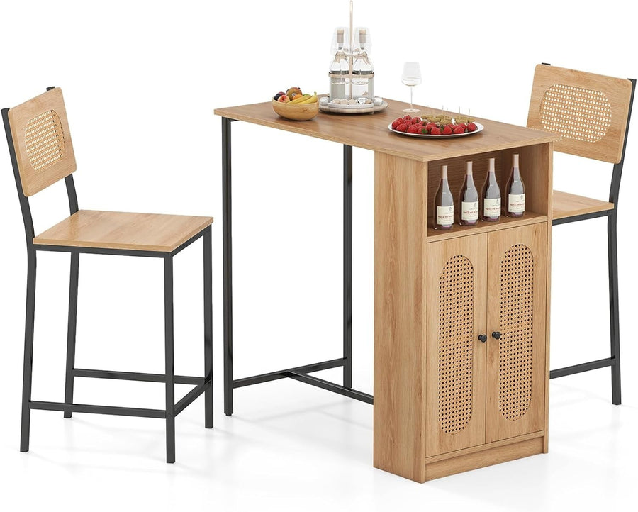 3 Piece Bar Table Set with Storage Cabinet 2 Chairs Compact Kitchen Dining