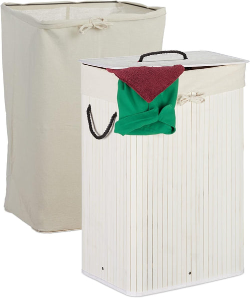 80L Bamboo Laundry Hamper with Lid, 2 Inner Bags, Folding Rectangle Basket White