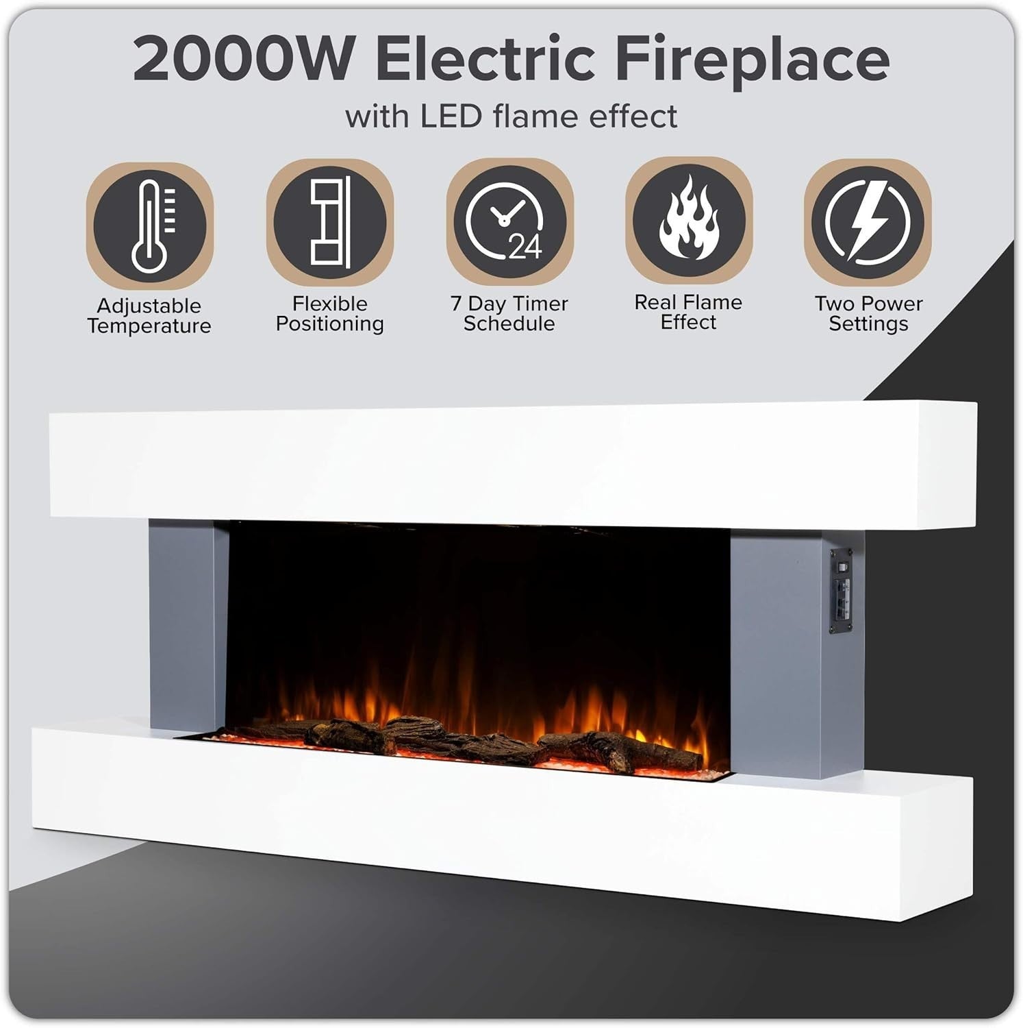 52" Wall Mounted Electric Fireplace LED Flame Heater Grey Glass Unit