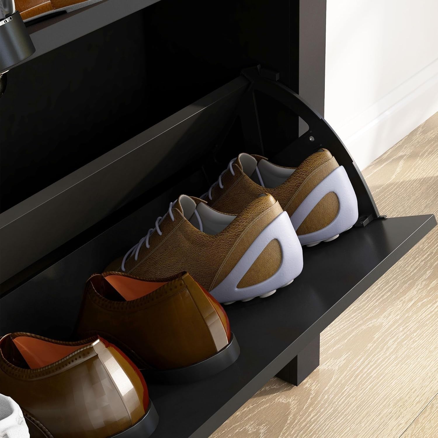 2-Drawer Narrow Shoe Cabinet with Flip Doors & Adjustable Shelves Black