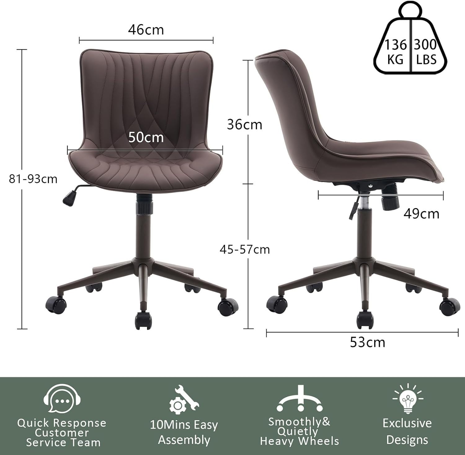 Executive Ergonomic Office Chair, Brown Faux Leather, Wheels, Swivel, Adjustable