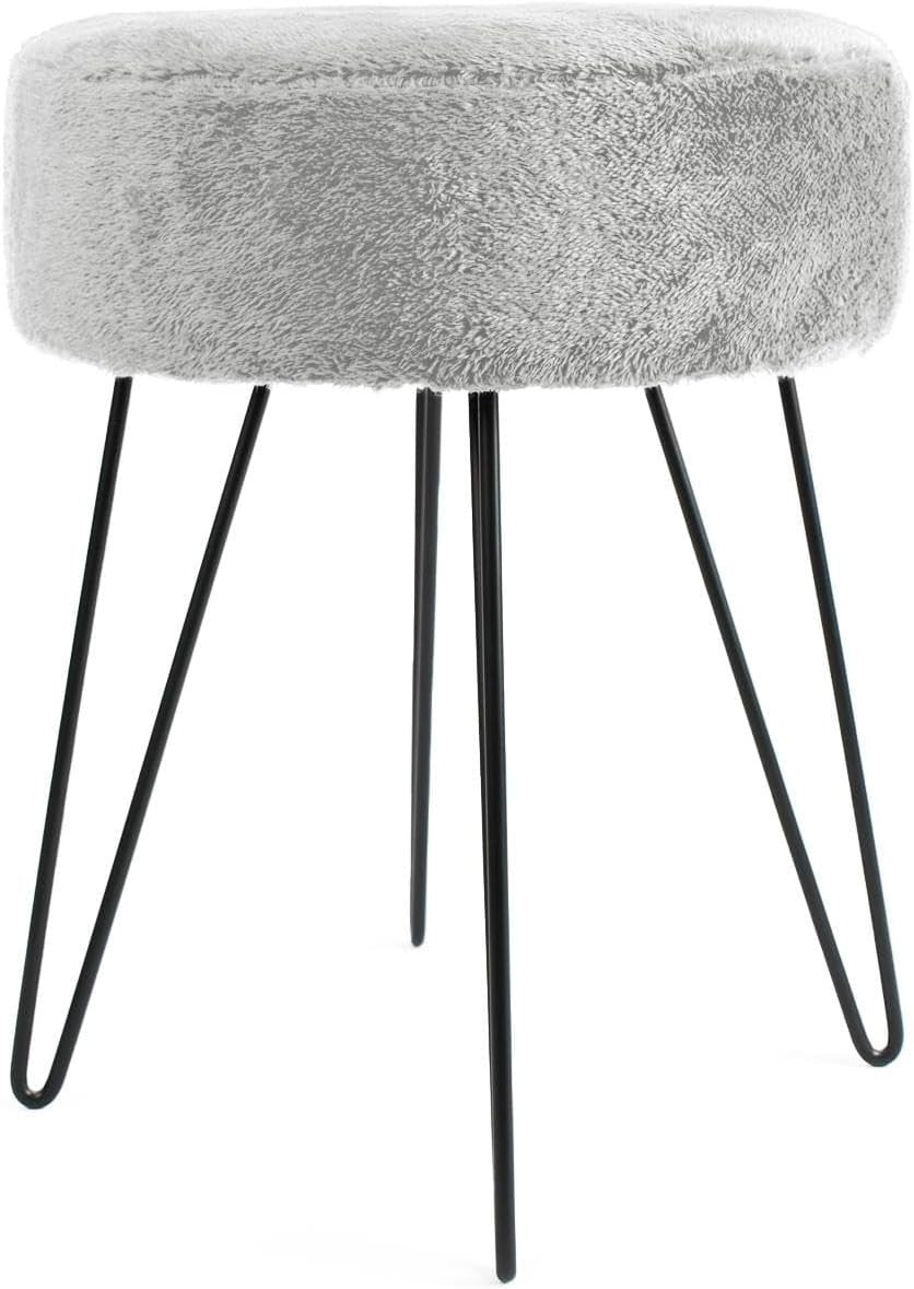Grey Teddy Fleece Round Footstool Hairpin Leg Vanity Seat Pouffe