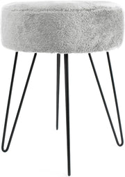 Grey Teddy Fleece Round Footstool Hairpin Leg Vanity Seat Pouffe