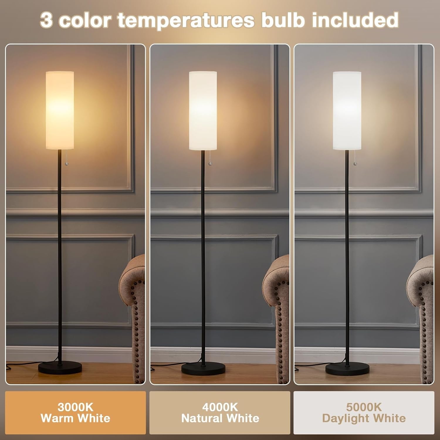 White Floor Lamp 64in Standing Lamp 3 Colour Bulb Bedroom Living Room