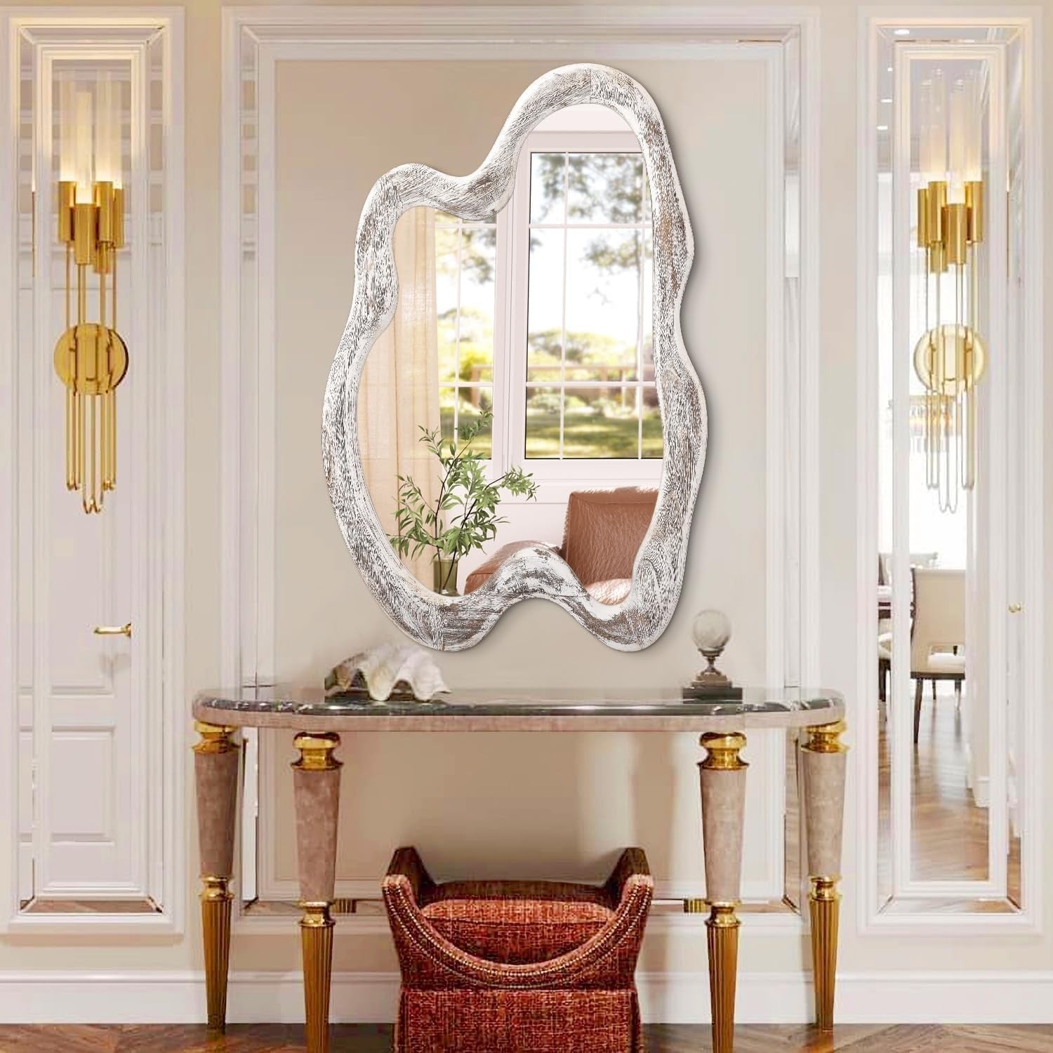 Vintage Irregular Wall Mirror 80x60cm Rustic White Frame for Entryway