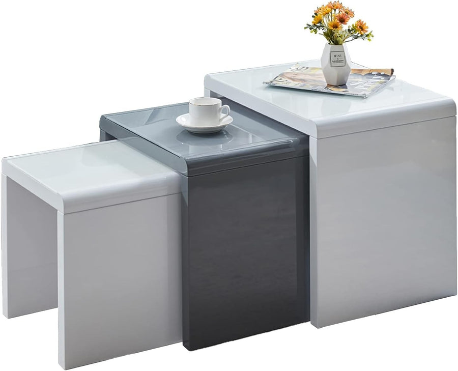 3pc High Gloss Coffee Table Set Nesting Modern Living Room Furniture Grey White