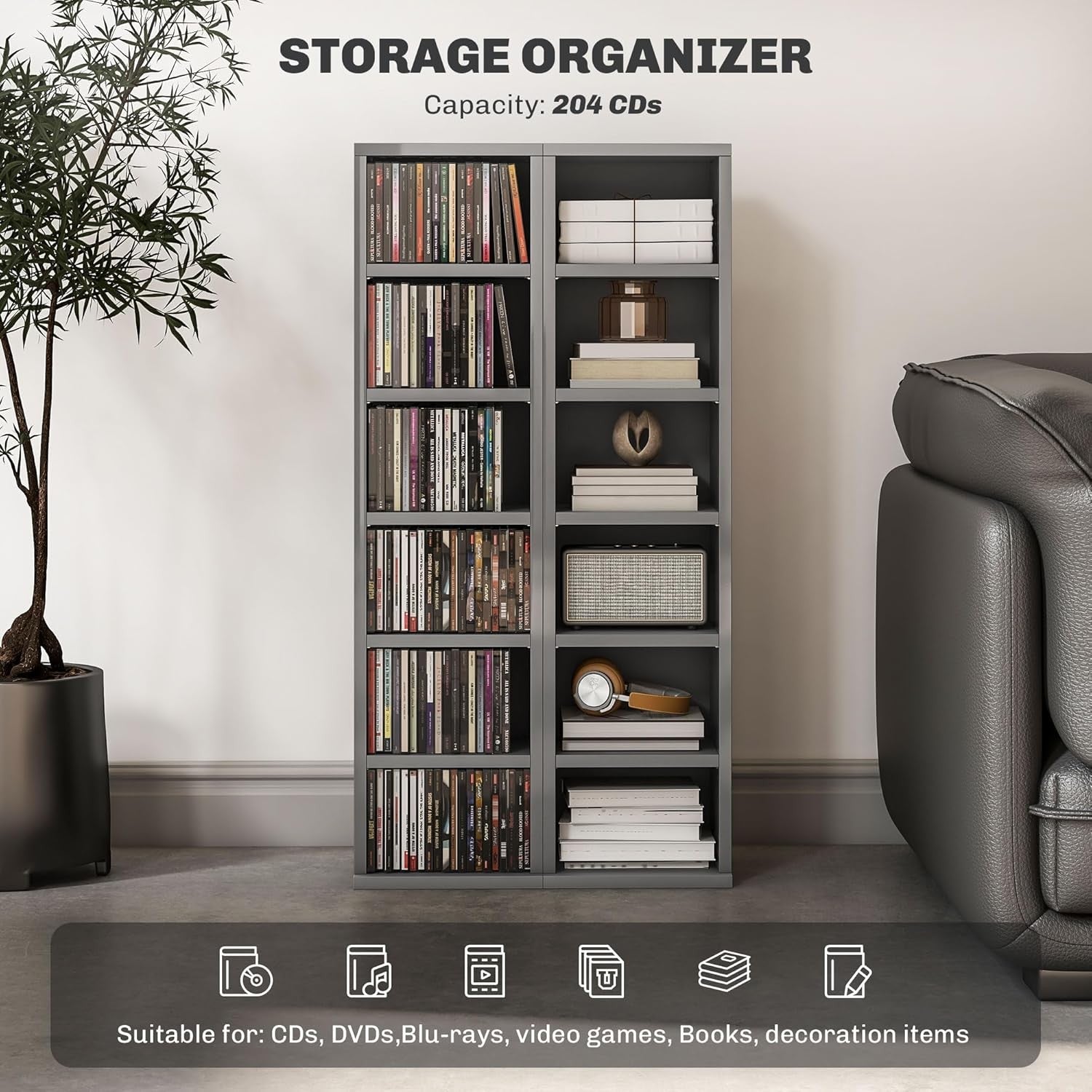 Set of 2 High Gloss Grey Media Storage Towers – Adjustable CD DVD Blu-Ray Racks