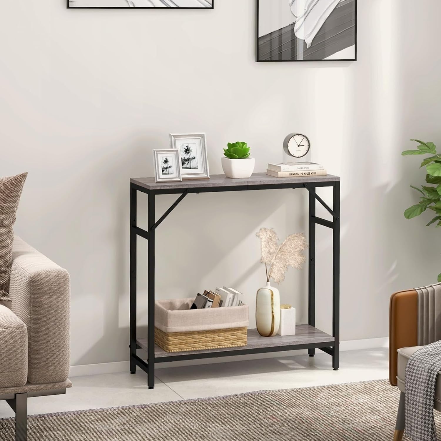 Slim Narrow Console Table with Storage Shelf & Support Bars for Hallway