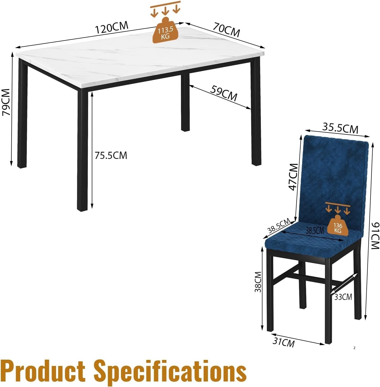 5-Piece Dining Table Set with Faux Marble Top & 4 Velvet Chairs, White & Blue