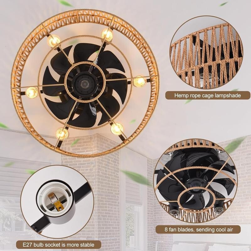 Boho Rattan Ceiling Fan Light Flush Mount E27 Remote 6-Light Rustic 50cm