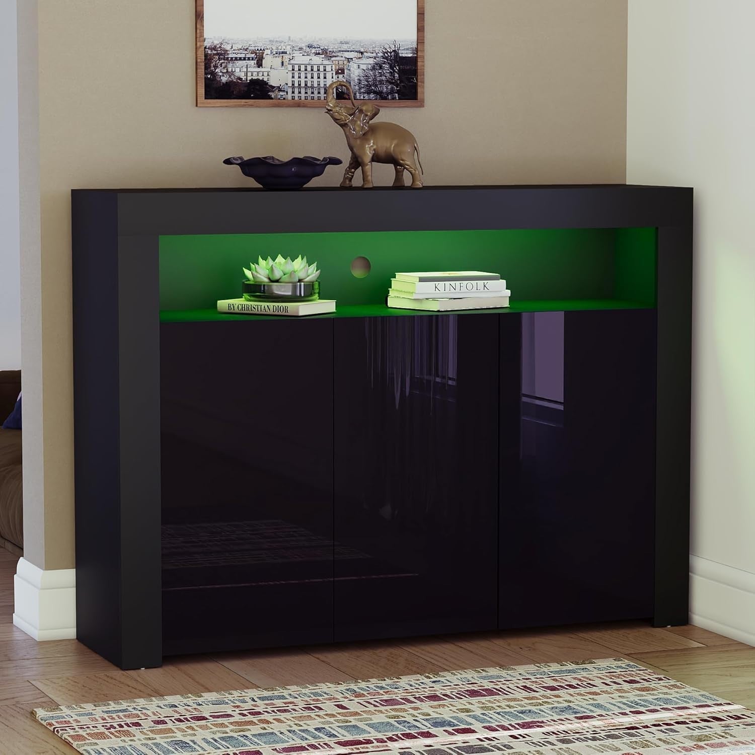 Modern Black LED Sideboard 3 Doors 3 Drawers RGB Lighting Storage Cabinet
