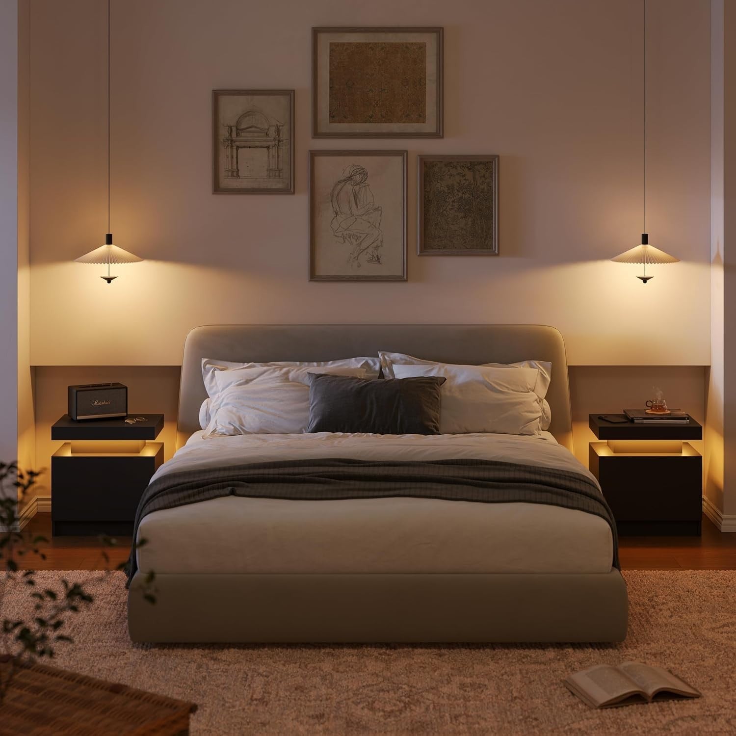 Modern Black LED Bedside Tables Set of 2 with RGB Lights & Drawers