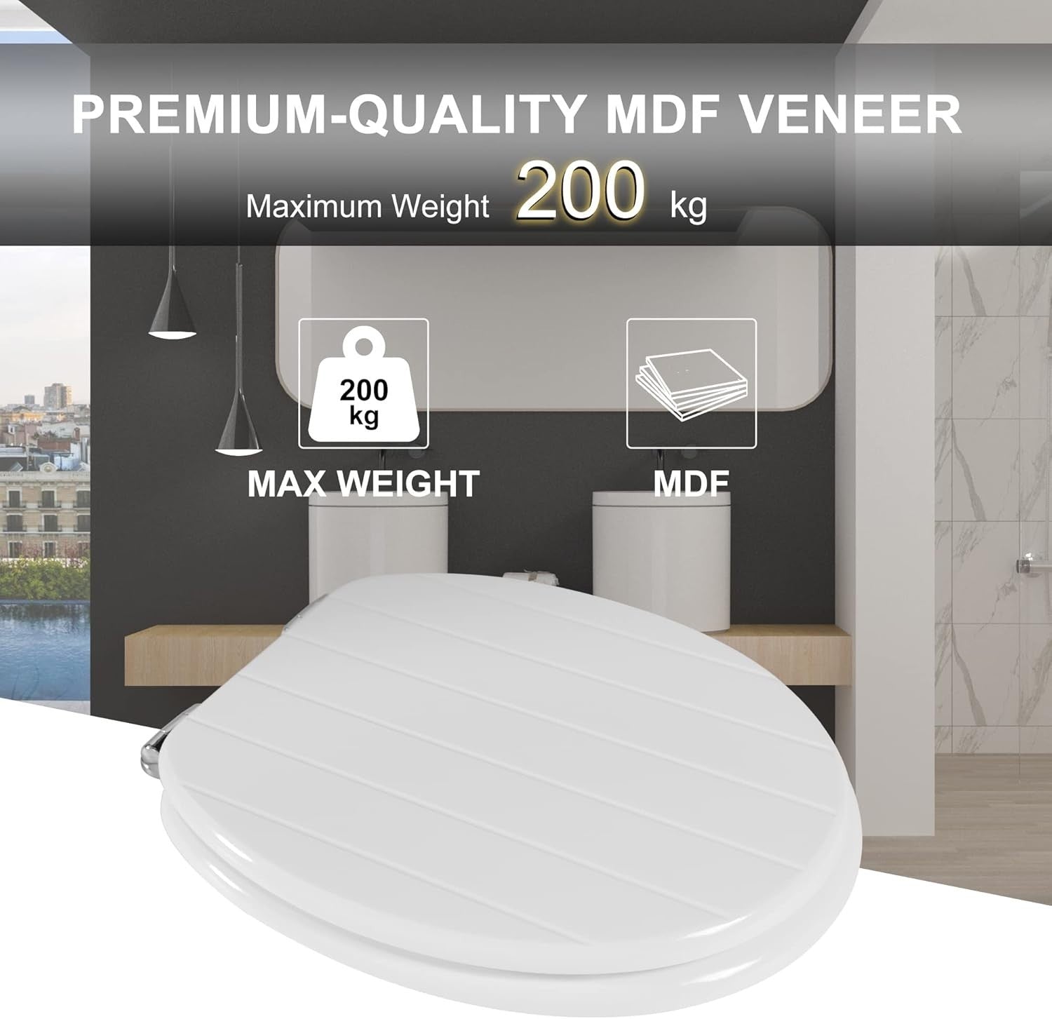 White Wooden Toilet Seat | Antibacterial MDF Oval Design Adjustable Hinges