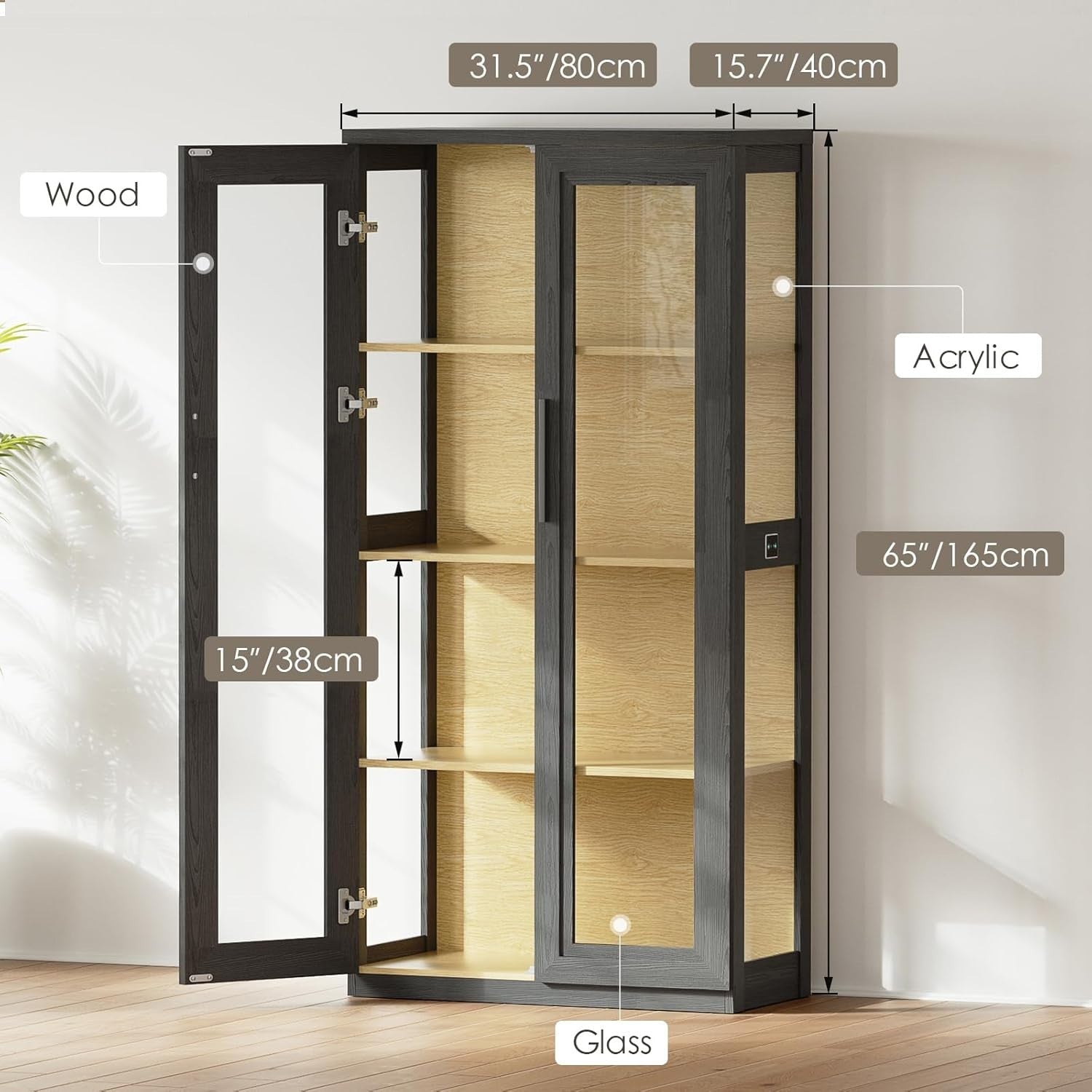 LED Display Cabinet Glass Doors Bookshelf with Storage 3-Color Lights