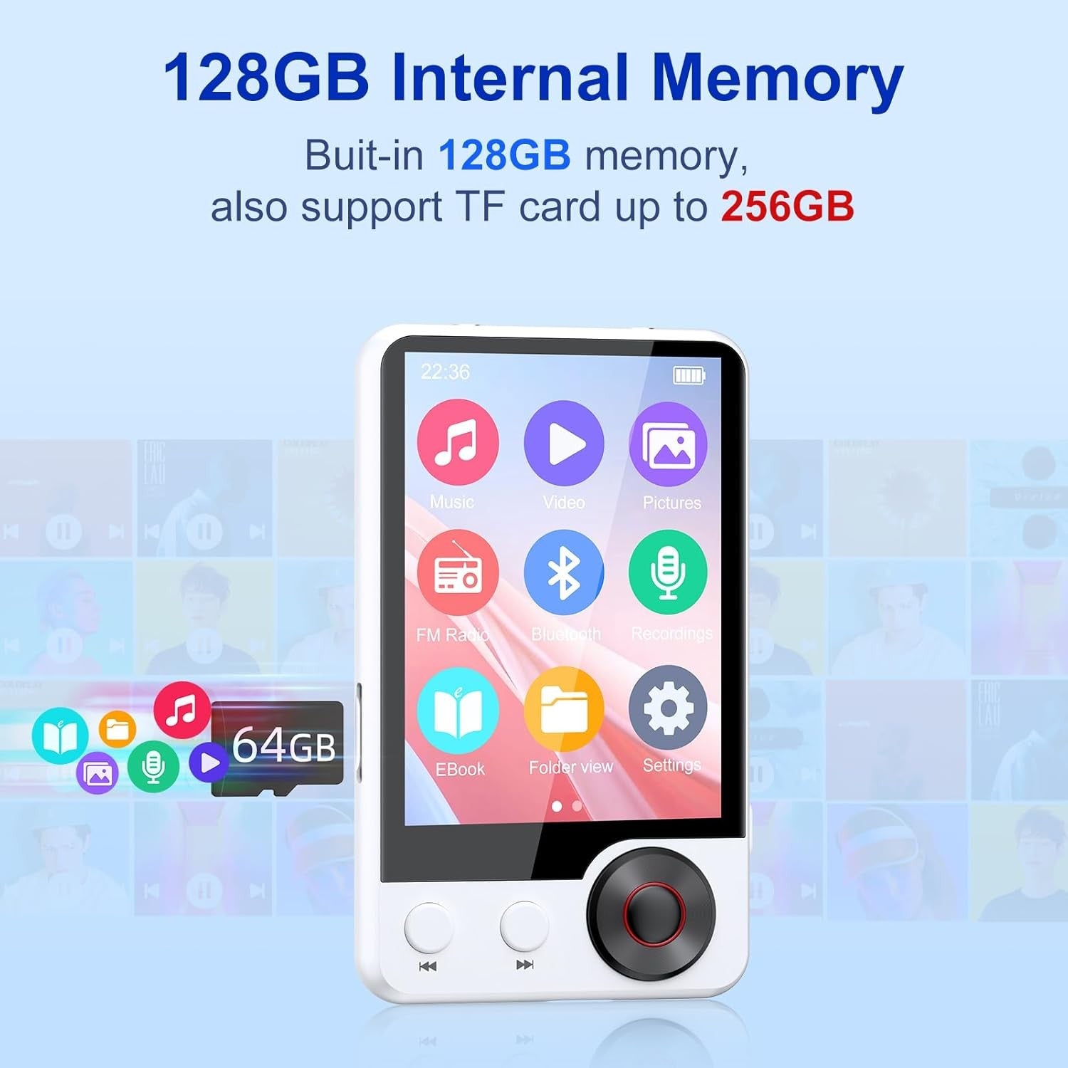 128GB MP3 Player Bluetooth 5.3 Touch Screen Speaker FM