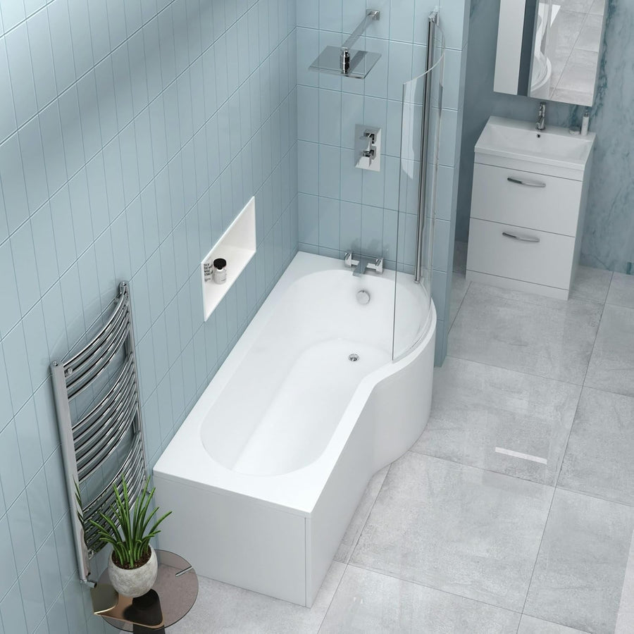 1700x850mm Right Hand P-Shaped Shower Bath with Glass Screen Acrylic
