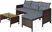 3PC Grey Rattan Garden Corner Sofa Set L-Shape Patio Lounge Glass Table