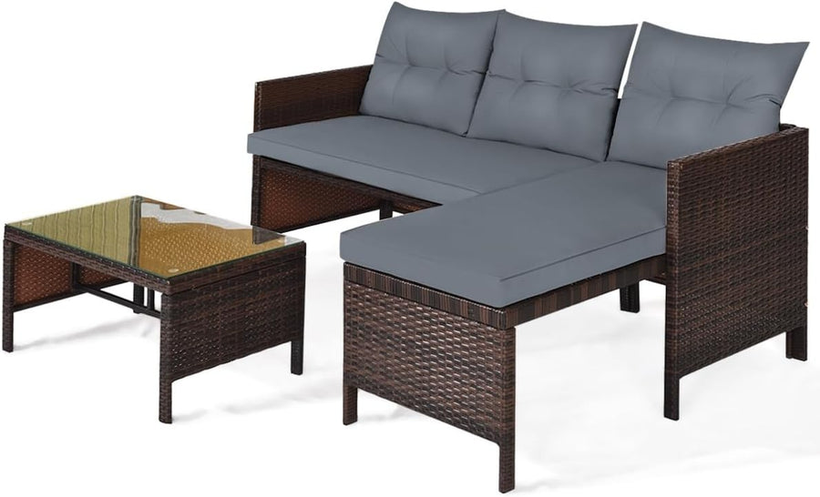 3PC Grey Rattan Garden Corner Sofa Set L-Shape Patio Lounge Glass Table
