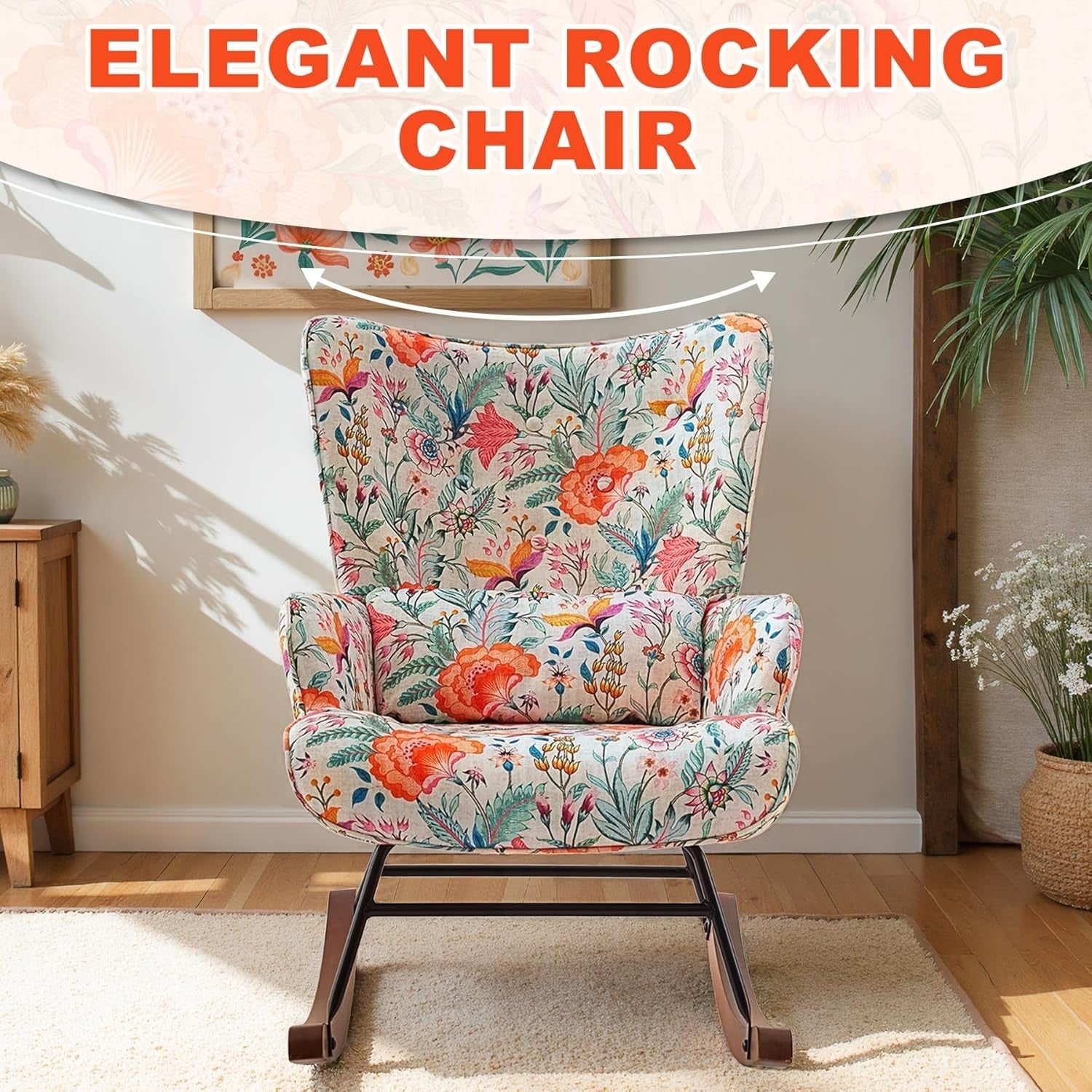 Floral Rocking Chair with Lumbar Support – Comfy Wood Accent Armchair 90cm