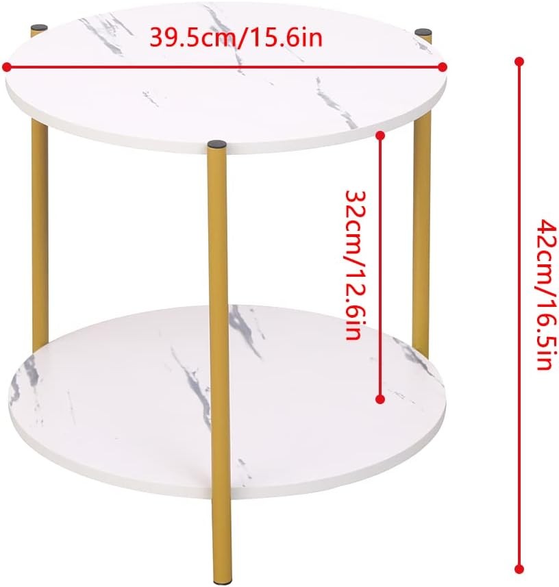 Round White Marble Side Table with 2-Tier Shelf – Modern Gold Frame End Table