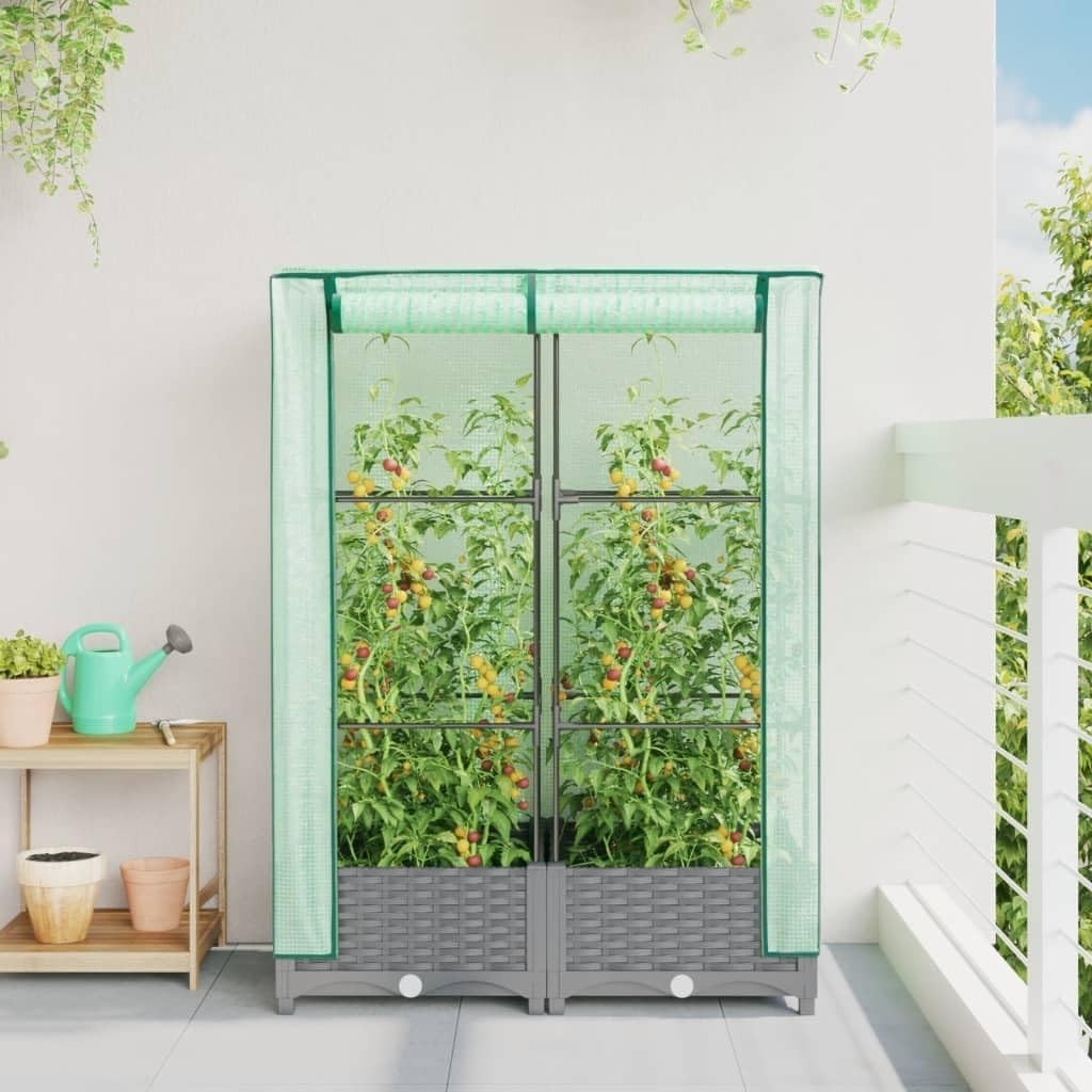 Light Grey Rattan Look Raised Garden Bed with Greenhouse Cover