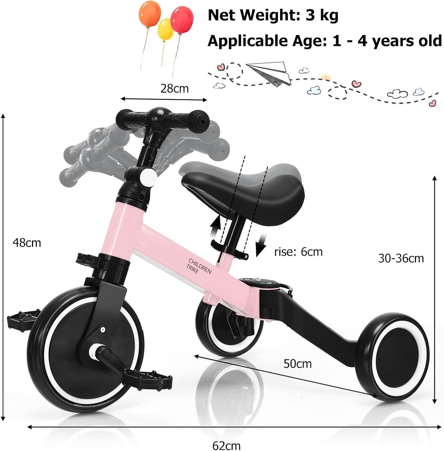 Toddler Tricycle 3 in 1 Balance Bike Trike Adjustable Seat Pink Age 1-4