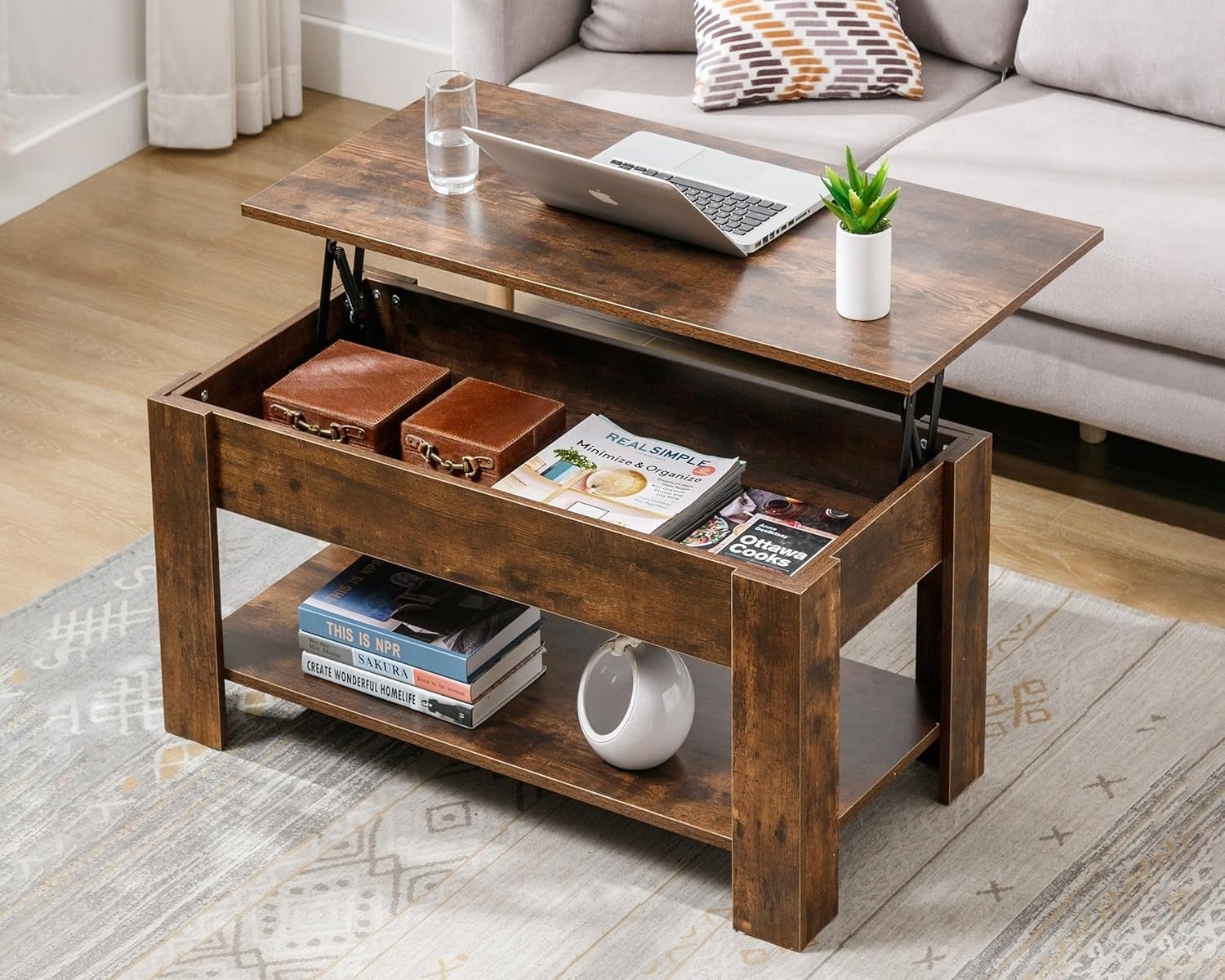 Lift Top Coffee Table with Storage Rustic Brown, Large Hidden Compartment 100x50