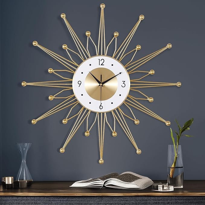 Large 56cm Sunburst Wall Clock Gold Mid Century Silent Metal Starburst Decor