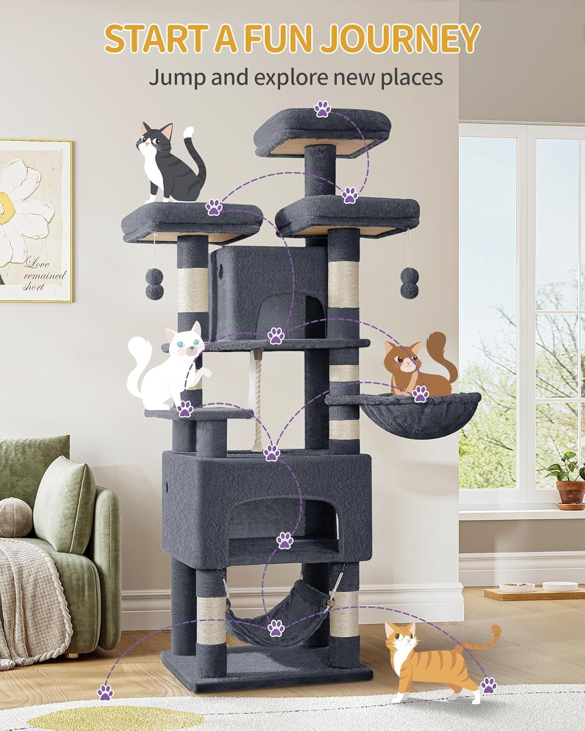 Large Cat Tree 176cm Multi-Level Tower with Condos Hammock Sisal Posts