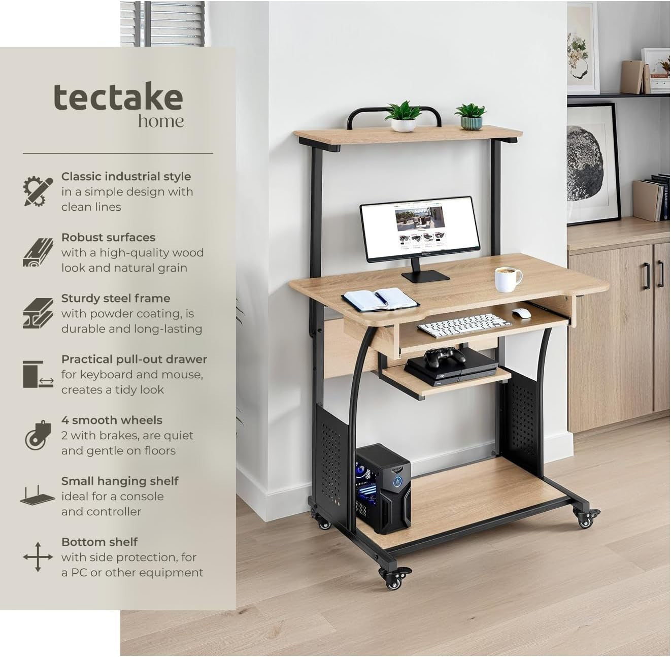 Mobile Computer Desk Light Wood 80cm with Shelves & Keyboard Tray on Wheels