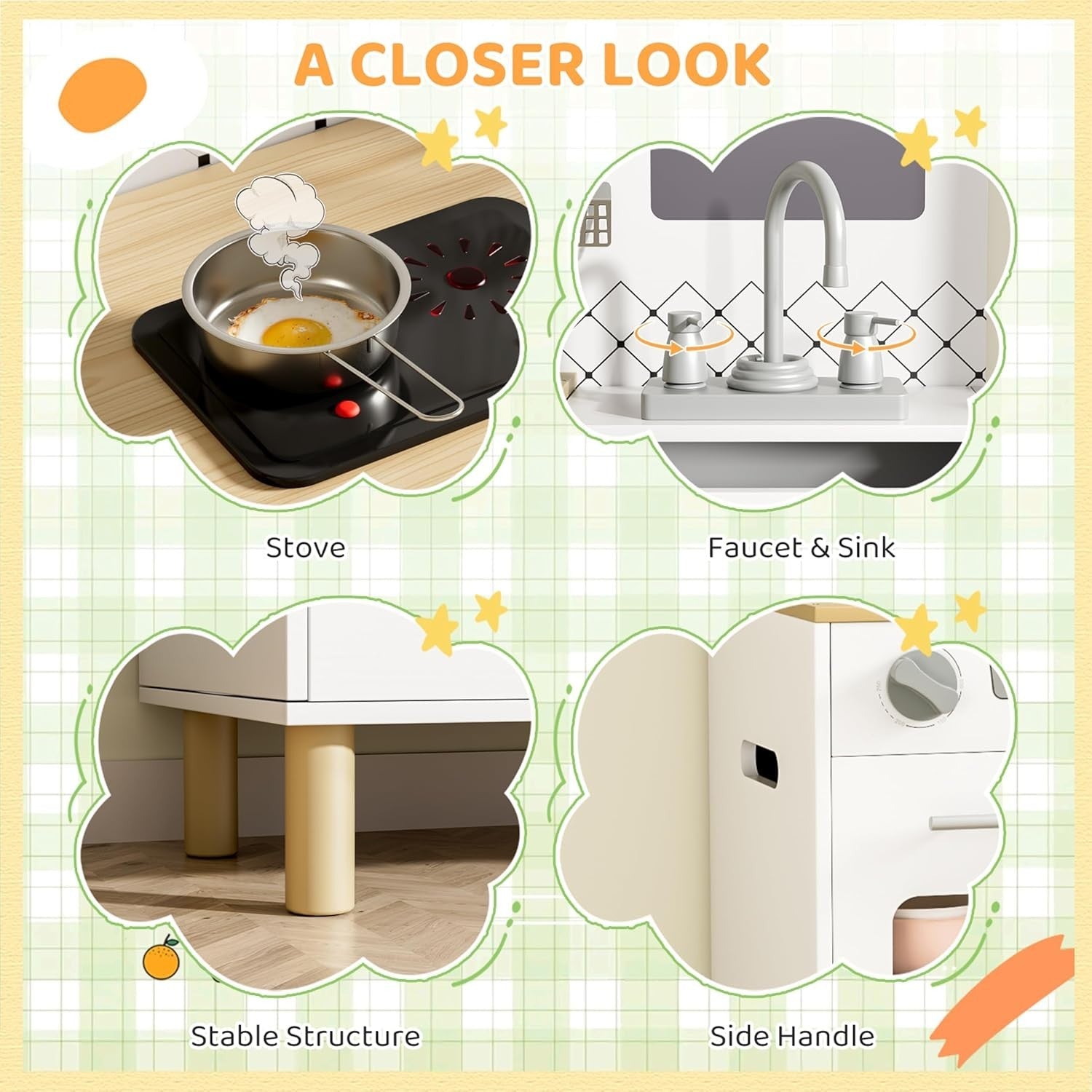 Kids Wooden Play Kitchen w/ Lights Sounds Chalkboard White Toy
