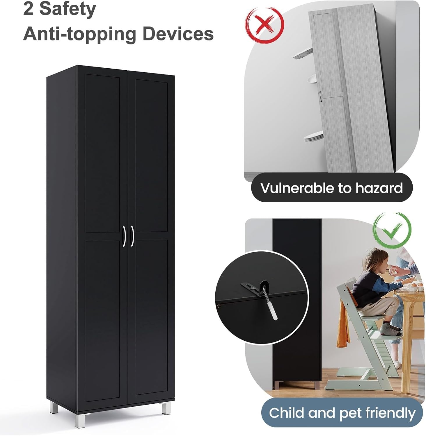 Tall Black Storage Cabinet 2 Door Cupboard | Adjustable Shelves Freestanding Uni