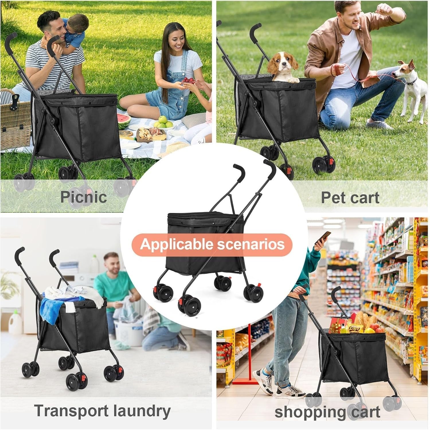 Folding Utility Wagon Heavy Duty Cart 60lb Load All Terrain Wheels Black
