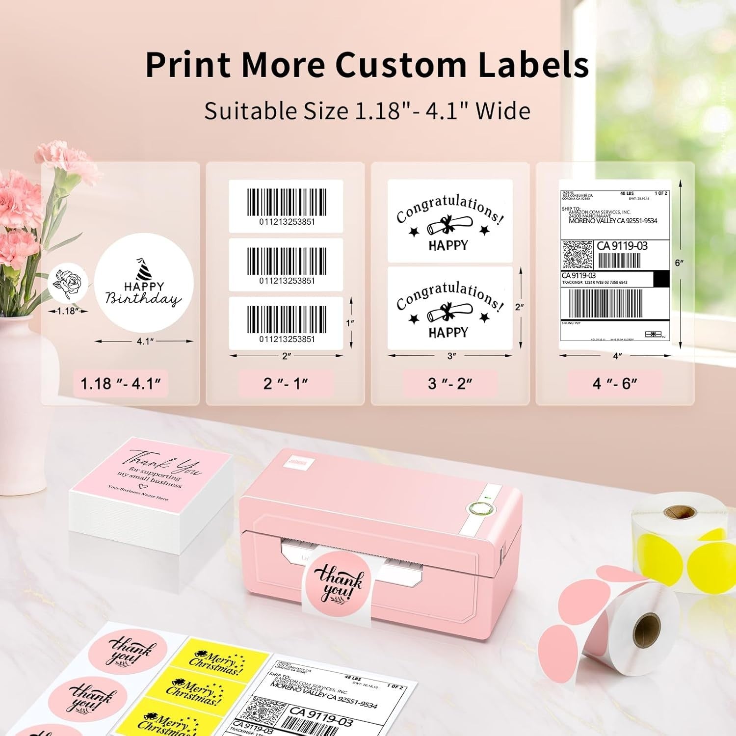 Pink 4x6 Bluetooth Thermal Label Printer, Wireless Shipping, Portable