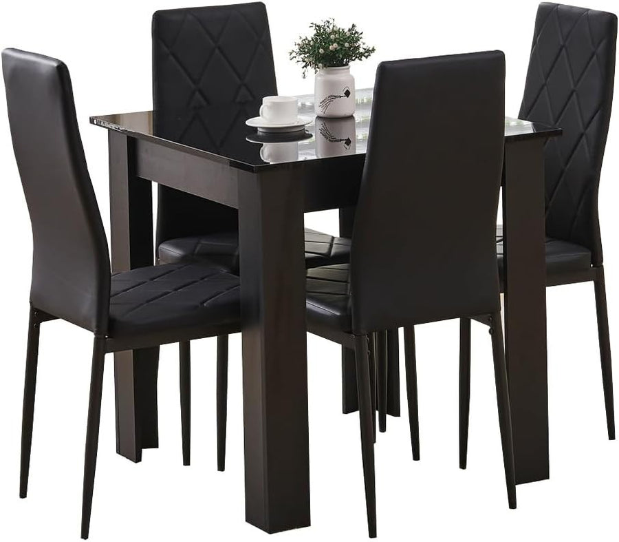 Modern Black Dining Table Set 3PC Small Space PU Chairs Kitchen Home