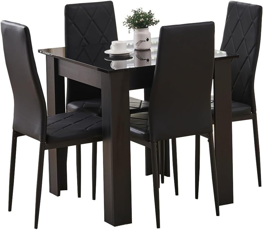 Modern Black Dining Table Set 3PC Small Space PU Chairs Kitchen Home