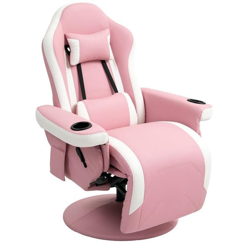 Pink Gaming Recliner Chair 360° Swivel PU Leather Seat w/ Footrest & Cups