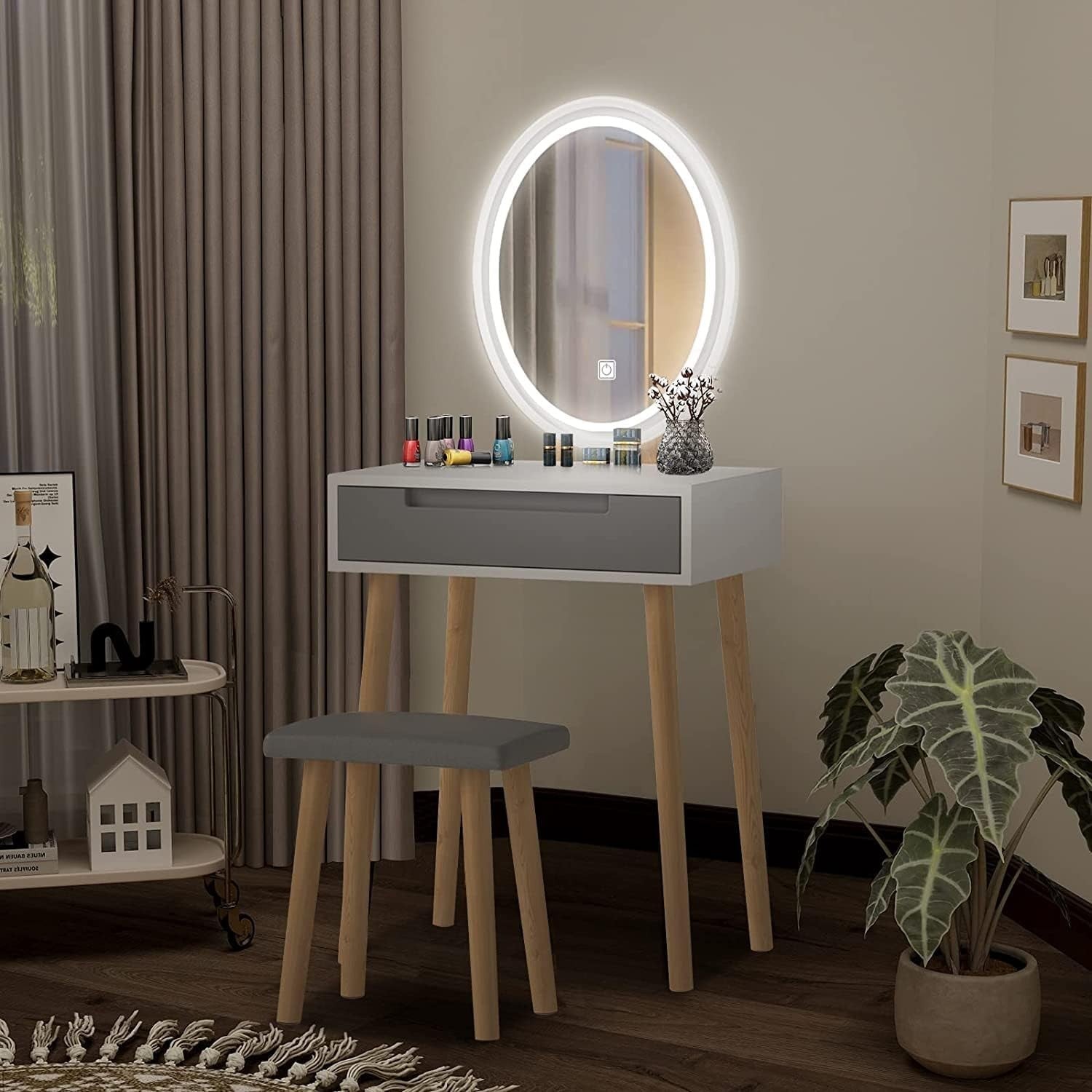 White Dressing Table LED Mirror Stool Set Vanity Desk Bedroom Makeup Storage