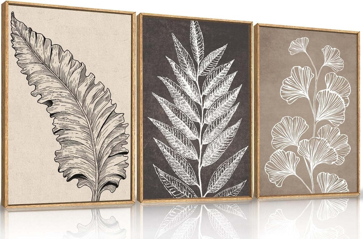 Botanical Leaf Framed Canvas Wall Art Set 3 Neutral Modern Home Decor