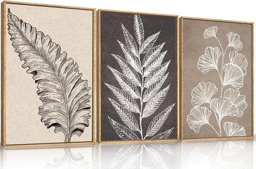 Botanical Leaf Framed Canvas Wall Art Set 3 Neutral Modern Home Decor