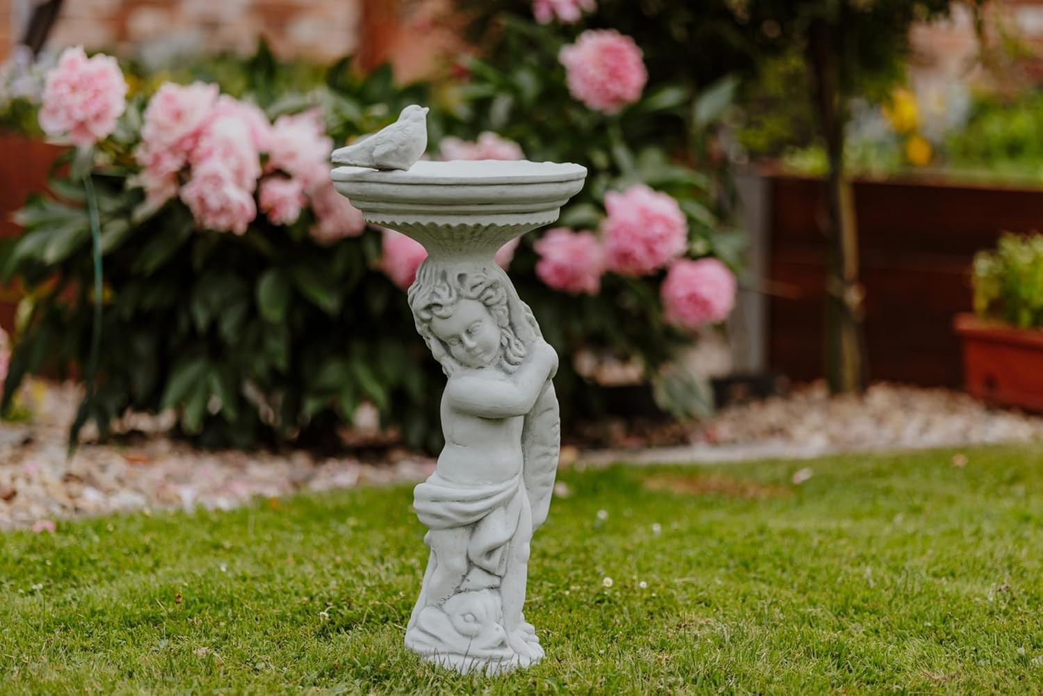 Boy with Large Stone Bird Bath Garden Ornament 54cm Frost-Proof Statue