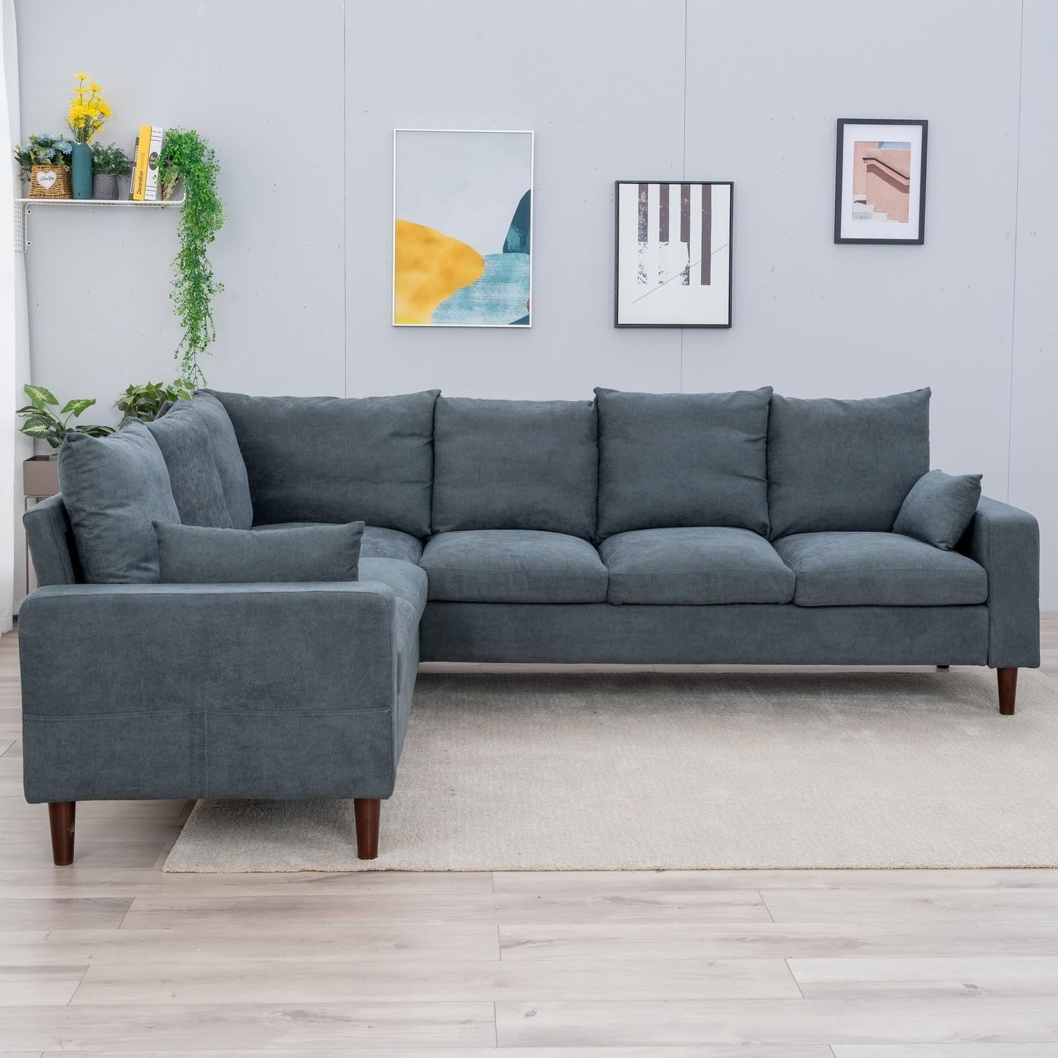 L Shape Grey Fabric Corner Sofa 6 Seater with Wood Legs Compact & Comfy
