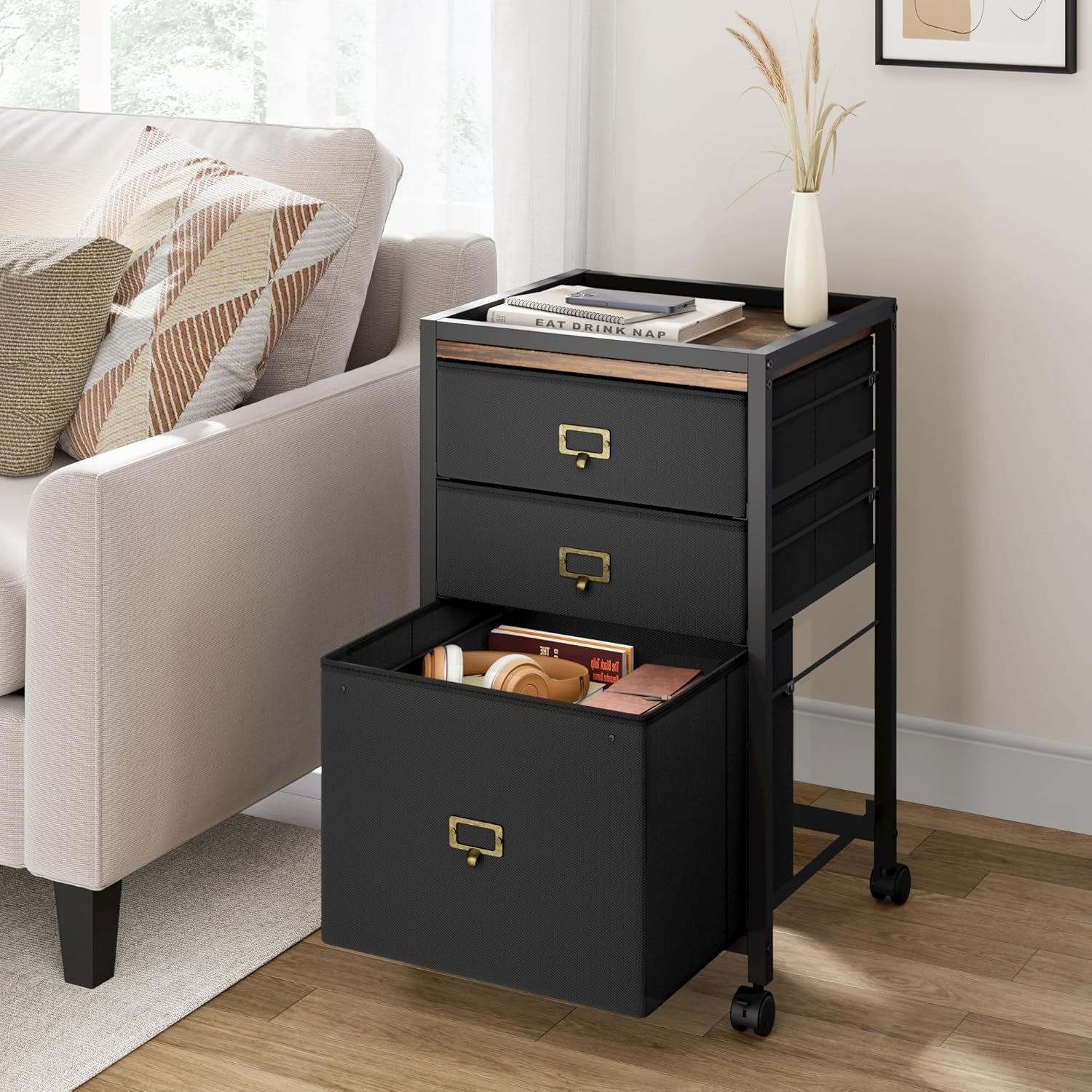 Black Metal Rolling File Cabinet 3 Drawer Under Desk Office Storage