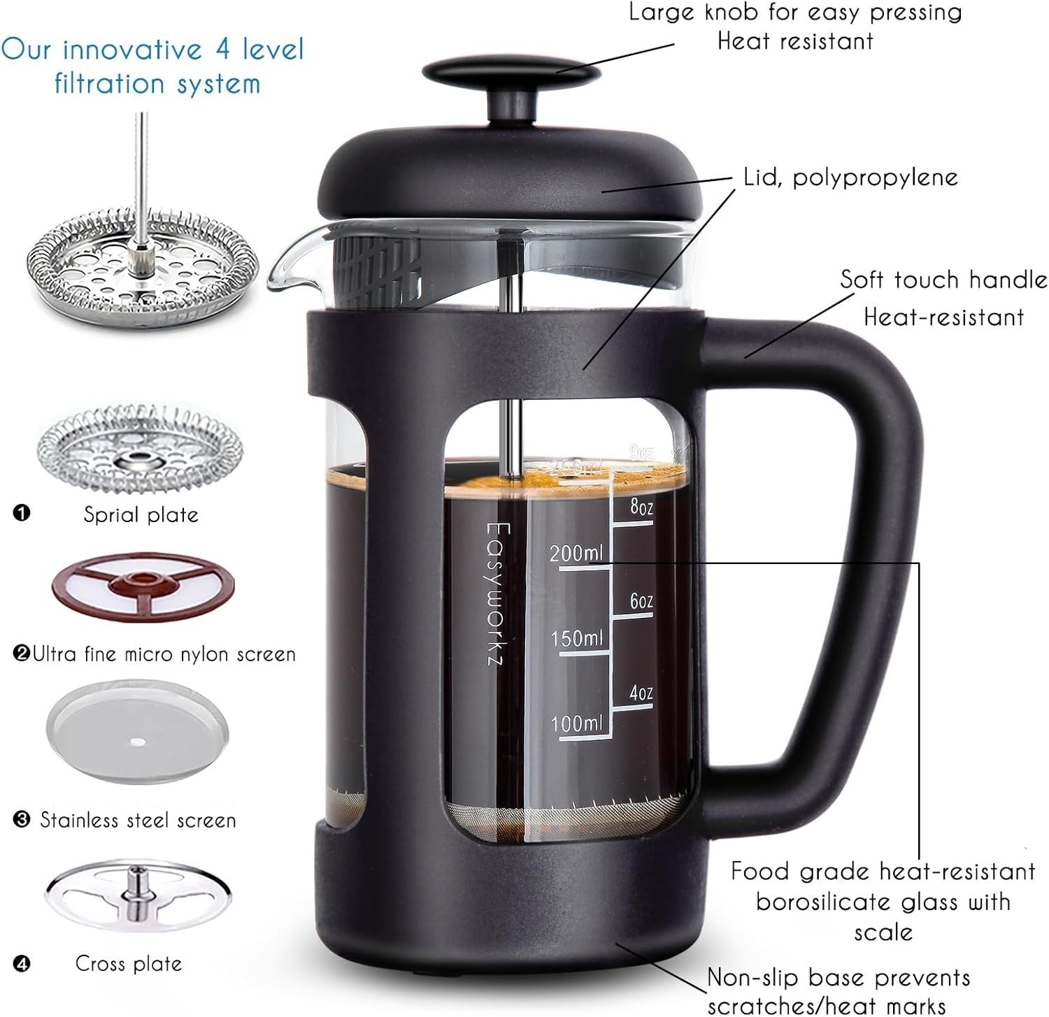 French Press Coffee Maker 350ml Heat-Resistant Glass Soft Grip Handle Portable